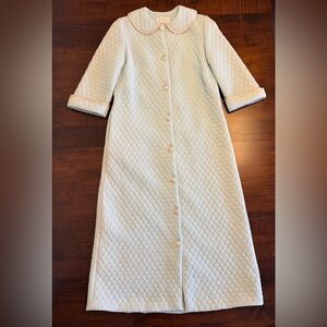 Vintage Quilted Lined Satin Trimmed Long Robe Houseoat Light Blue 60s 70s